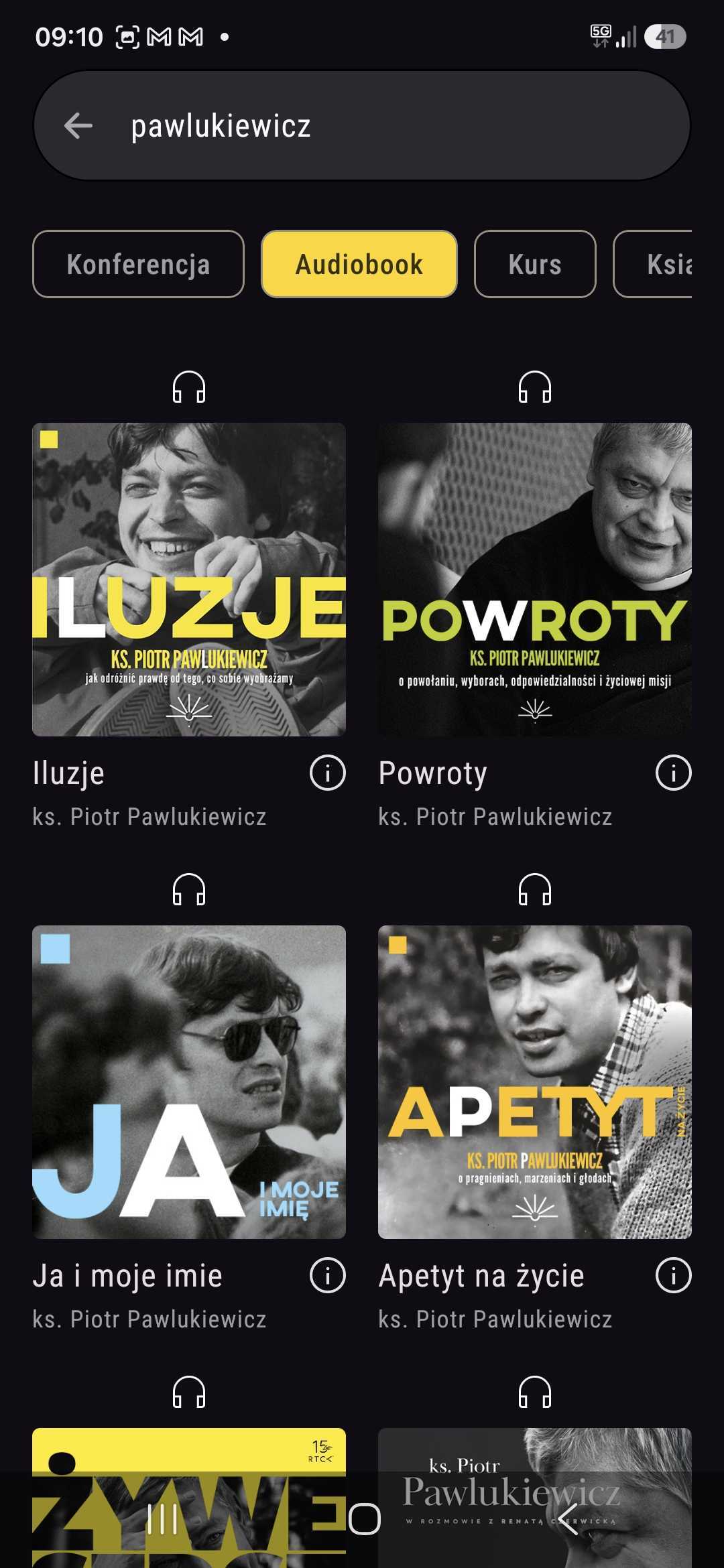 Wyszukiwanie w aplikacji RTCK – audiobooki ks. Piotra Pawlukiewicza